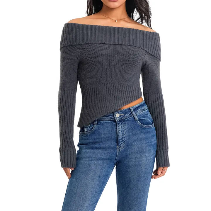 Women's%20Off%20Shoulder%20Sweater,%20Long%20Sleeve%20Solid%20Color%20Asymmetrical%20Hem%20Knit%20Tops%20-%20Image%202