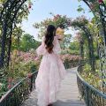 Women's Bubble Sleeves Pink Formal Occasion Evening Dress Elegant and Beautiful Retro Fragmented Flowers Sweet Mid Length Dress.