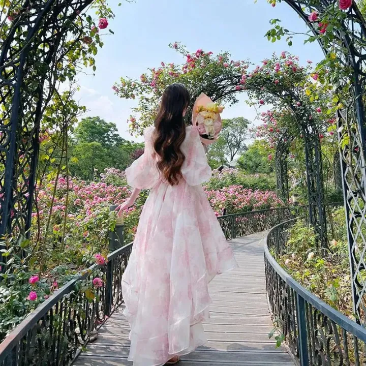Women's%20Bubble%20Sleeves%20Pink%20Formal%20Occasion%20Evening%20Dress%20Elegant%20and%20Beautiful%20Retro%20Fragmented%20Flowers%20Sweet%20Mid%20Length%20Dress%20-%20Image%204