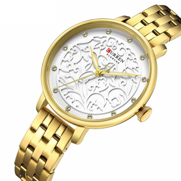 CURREN 9046 Black Stainless Steel Analog Watch For Women - Gold & White