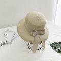 Summer Sun Hat Bow Straw Hat Visor Temperament Flat Panama Hats Women's Sea Beach Vacation Leisure Sunscreen Hat.