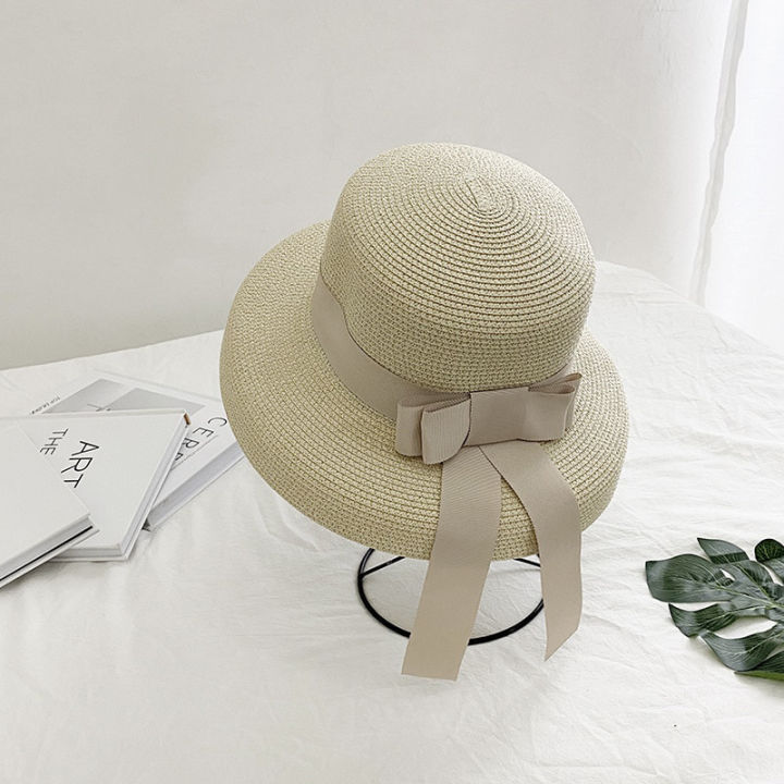 Summer%20Sun%20Hat%20Bow%20Straw%20Hat%20Visor%20Temperament%20Flat%20Panama%20Hats%20Women's%20Sea%20Beach%20Vacation%20Leisure%20Sunscreen%20Hat%20-%20Image%202