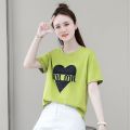 Hong Kong Style Retro Crew Neck Back Slit Love Short Sleeve T Women's Summer T-shirt chic Figure Flattering Back Split Top Fashion. 