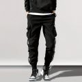 Multi pocket cargo pants, men's casual technology clothing drawstring cargo pants, autumn and winter plush pants. 