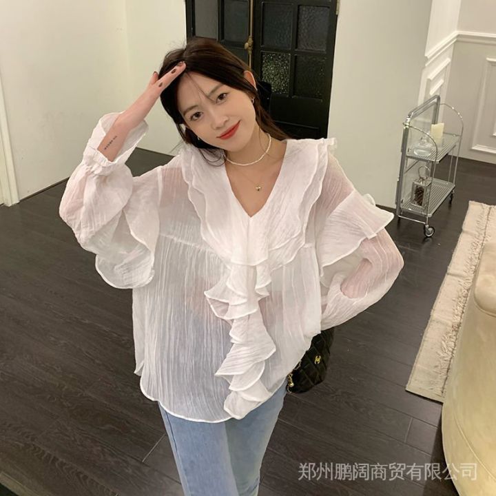 Chic Gentle Ruffled Western Style Shirt New Long-Sleeved Women's Spring Shirt Fashionable Design 2024