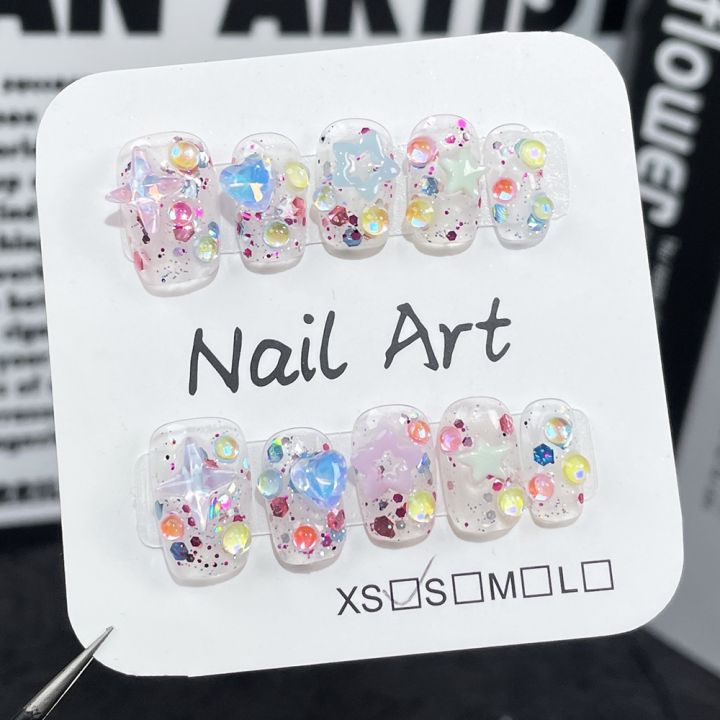 Handmade Cute Short Press on Nails Pink Kawaii Star Design Reusable Adhesive False Korean Gradient Fairy Y2k Nail Tips for Girls
