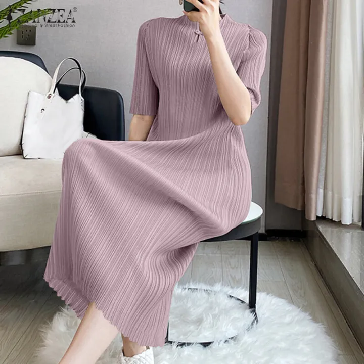 ZANZEA%20Womens%20Chinese%20Style%20Elegant%20Plain%20Short%20Sleeve%20Slims%20Fit%20Pleated%20Midi%20Shift%20Dresses%20#11%20-%20Image%202