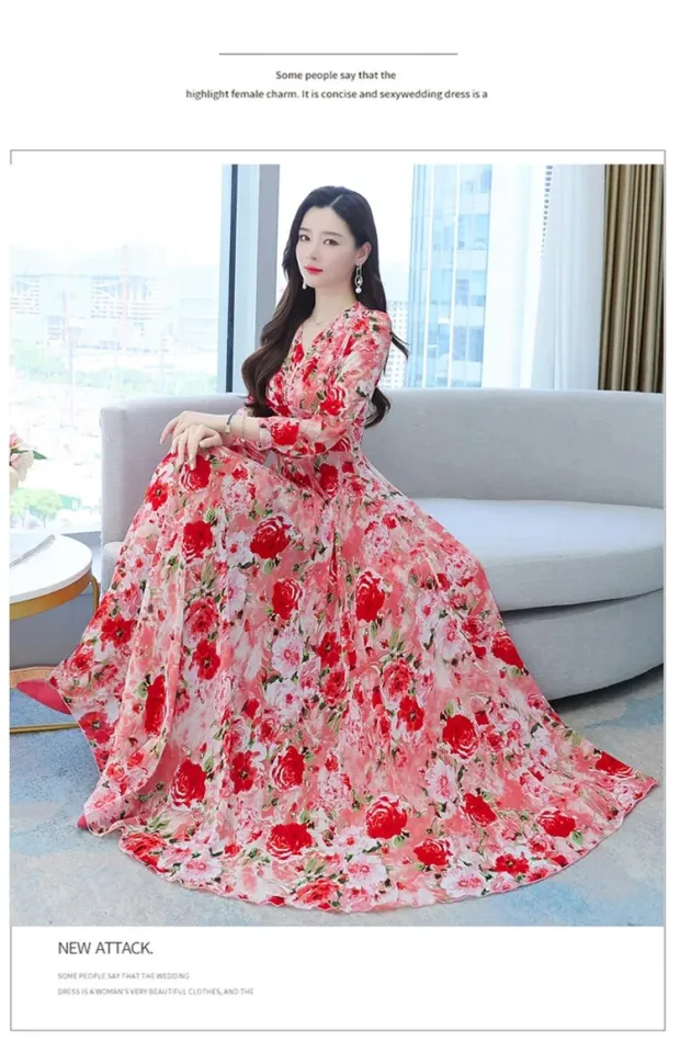2023 Beach Floral Chiffon Midi Dress Women Luxury Elegant Spring Summer  Korean Fashion Casual Bodycon Party Evening Long Dresses | Daraz.com.bd