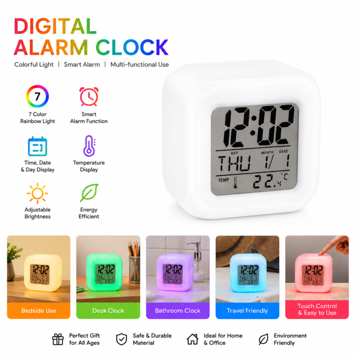 Digital Alarm Clocks Bedside Sunrise Alarm Clocks Bedroom Clock Smart Alarm Clock Bathroom Clock Desk Clock rainbow