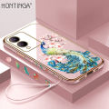 Hontinga for Vivo Y17S Back Cover With Free Strap Luxury 6D Plating Cartoon Peacock Side Pattern Case Soft Silicone Square Mobile Cover. 
