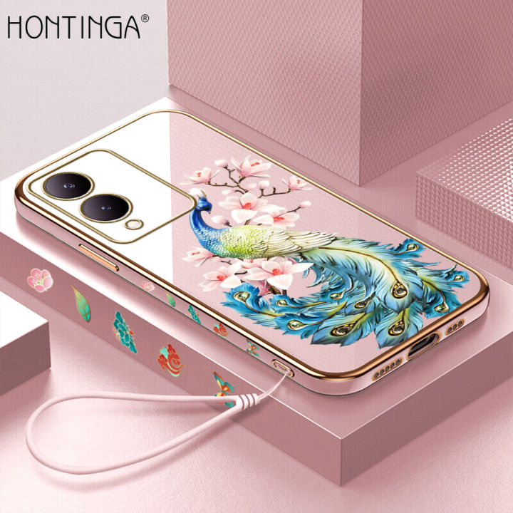 Hontinga%20for%20Vivo%20Y17S%20Back%20Cover%20With%20Free%20Strap%20Luxury%206D%20Plating%20Cartoon%20Peacock%20Side%20Pattern%20Case%20Soft%20Silicone%20Square%20Mobile%20Cover%20-%20Image%202