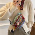 Women Folk Style Waist Bag with Adjustable Strap, Variegated Color Fanny Pack with Fringe Decor, Khaki/ Blue/ Yellow. 