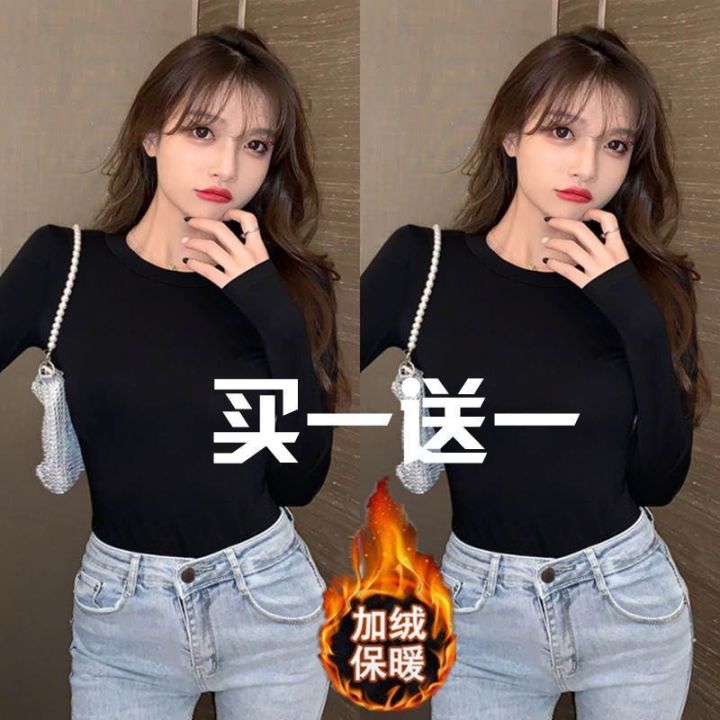 New%20Fleece-Lined%20Black%20Long%20Sleeve%20T%20T-shirt%20Women's%20Autumn%20and%20Winter%20Inner%20Bottoming%20Shirt%20Women's%20Thickened%20Warm%20Slim-Fit%20Figure%20Flattering%20Top%20-%20Image%203