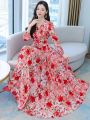 2023 Beach Floral Chiffon Midi Dress Women Luxury Elegant Spring Summer Korean Fashion Casual Bodycon Party Evening Long Dresses. 