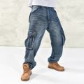 Men Casual Cargo Jeans Pants With Multi Pockets Loose Fit Hip Hop Denim Trousers For Male Baggy Jeans Plus Size 30-46. 