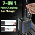 7-In-1 Retractable Car Charger with Digital Voltmeter USB+PD Port Fast Charging Cable.