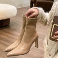 2022 new short boots female Korean mid-tube short boots female high heel pointed toe thick heel fashion boots thin boots wholesale. 