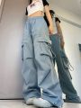 Women Y2K Korean Cargo Pants Hip Hop Loose Causal Wide Leg Pants Fashion High Waist Baggy Streetwear Multi Pockets Sweatpants.
