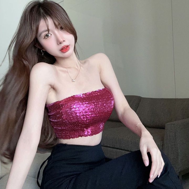 Summer Pure Desire Style Hot Girl Back Short Tube Top Sequined Vest Women's Inner Wear Outer Wear High Waist Navel Sleeveless Top