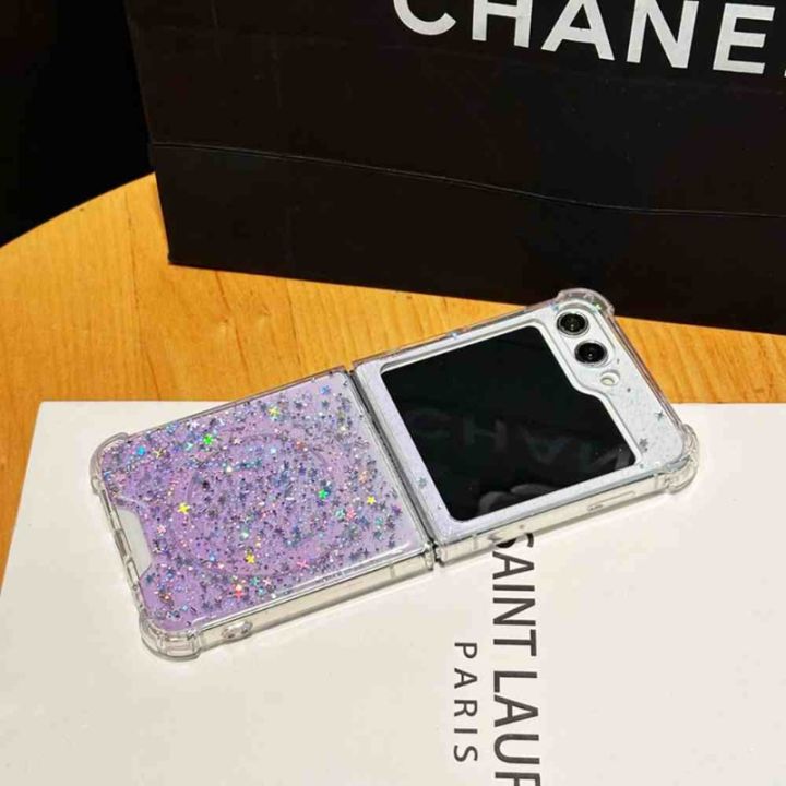 HODON Stars Bling Glitter Magnetic Phone Cases For Samsung Galaxy Z Flip 7 6 5 4 3 5G ZFlip7 Flip6 ZFlip5 ZFlip4 Magsafe Case Wireless Charging Clear Shockproof Back Cover
