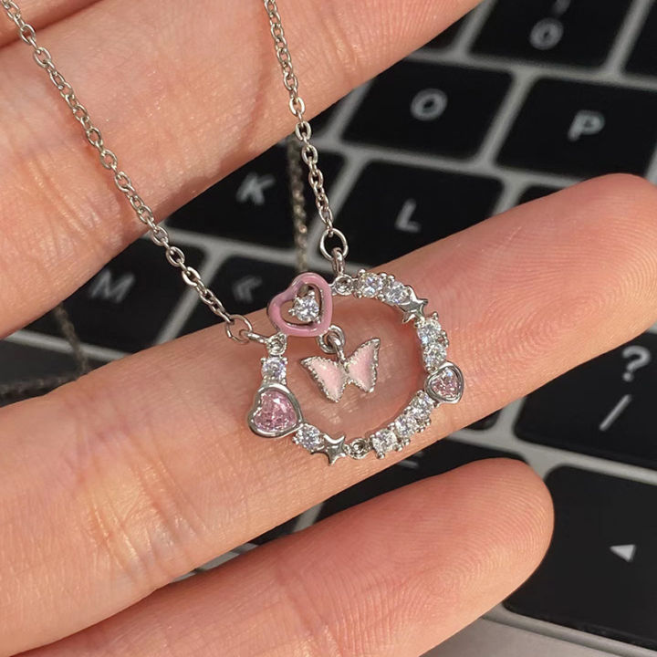 Women's Sterling Silver Zircon Heart & Butterfly Pendant Necklace - 40+5cm Clavicle Chain