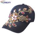 Women Baseball Hat Comfortable Women Rhinestone Flower Denim Hat. 