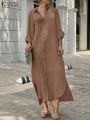 ZNAZEA Fashion Women Shirtdress Autumn Work OL Holiday Dress Solid Color Long Sleeve Buttons Down Casual Loose Dresses Hem Split.