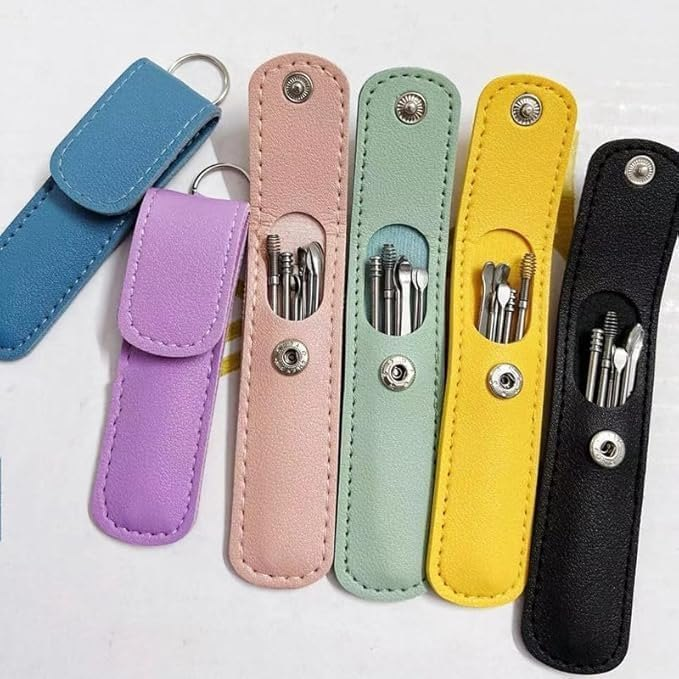 6 pieces Ear Pick Set - Portable Stainless Steel with Leather Case
