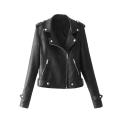 Women Faux Leather Lapel Motorcycle Jacket Long Sleeve Zip Up Coat. 