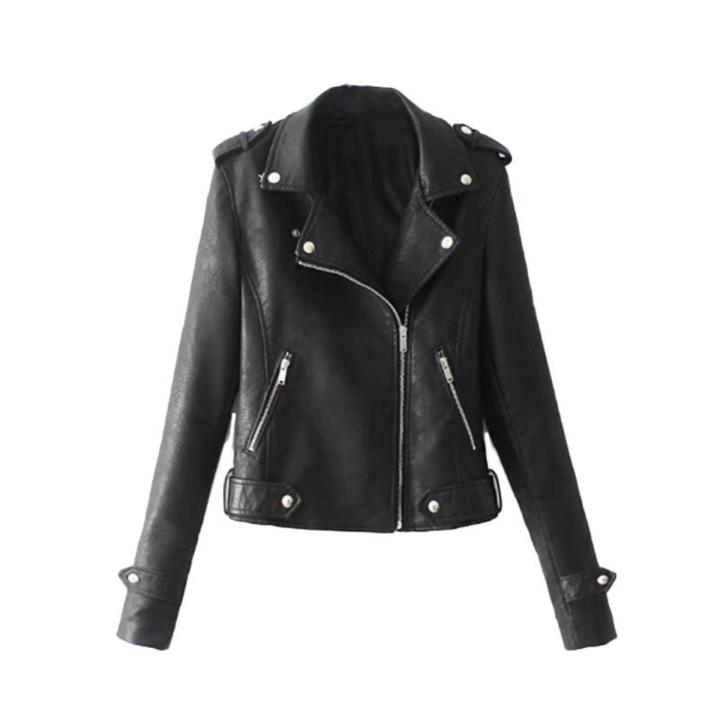 Women Faux Leather Lapel Motorcycle Jacket Long Sleeve Zip Up Coat