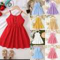 Kids Girls Fashionable Sleeveless Dress Simple Style with Buttons Tank Top Dress Children’s Clothes.