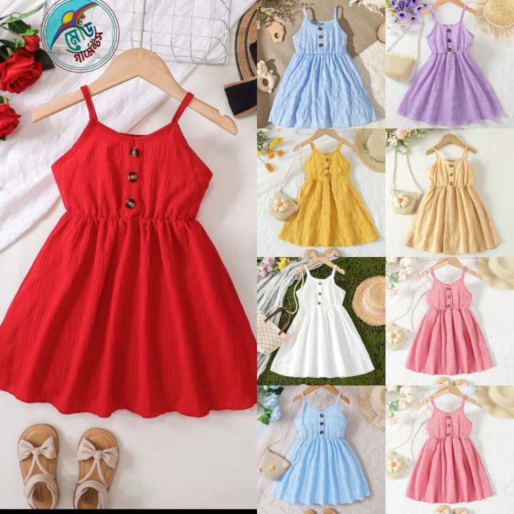 Kids Girls Fashionable Sleeveless Dress Simple Style with Buttons Tank Top Dress Children’s Clothes