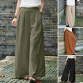 ZANZEA Women Cotton Linen Wide Leg Long Pants Solid Elastic Waist Loose Casual Trousers.