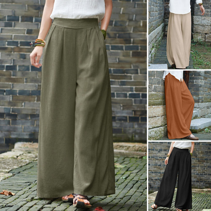 ZANZEA%20Women%20Cotton%20Linen%20Wide%20Leg%20Long%20Pants%20Solid%20Elastic%20Waist%20Loose%20Casual%20Trousers%20-%20Image%205