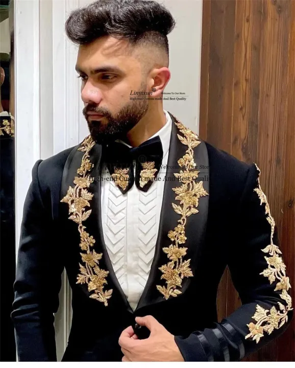 Black%20Gold%20Appliques%20Men%20Suits%202%20Pieces%20Set%20Handsome%20Groom%20Wedding%20Tuxedos%20Slim%20Fit%20Formal%20Business%20Male%20Blazer%20Pants%20Outfit%20-%20Image%202