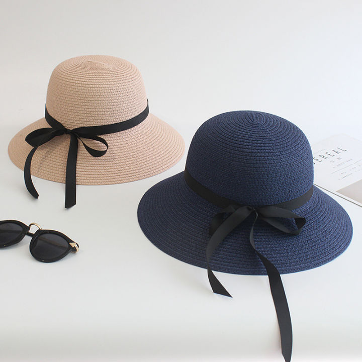 Summer%20women's%20sunshade%20straw%20hat%20black%20ribbon%20bow%20big%20brim%20hat%20Japanese%20adult%20pot%20hat%20women's%20sunscreen%20fold%20-%20Image%203