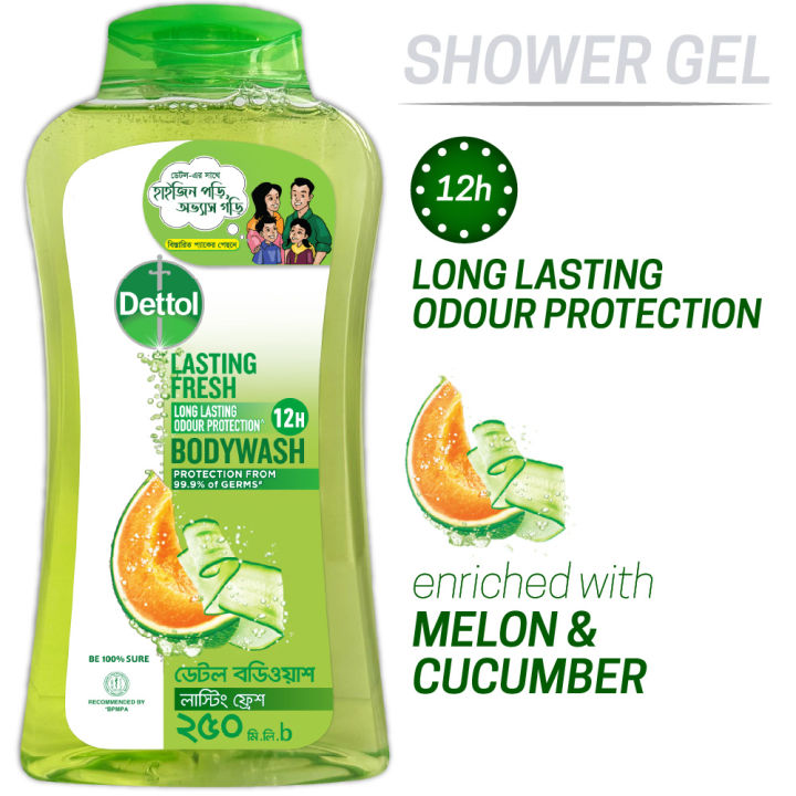 Dettol Body Wash Shower Gel Lasting Fresh with Refreshing Melon & Cucumber Fragrance, 12 Hours Odour Protection 250ml Shower Gel