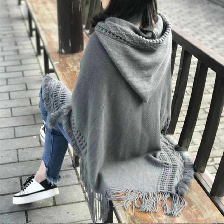 Women's Hooded Shawl Autumn and Winter Loose Tassel Shawl Cape Scarf Dual-Use Sweater Coat Batwing Shirt plus Size Women's Clothing