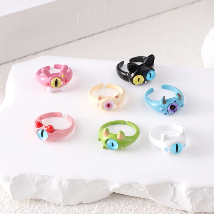 Punk Big Eyes Ring Cute Green Monster Ring For Women Fashion Sweet Colorful Cat Eyes Open Couple Ring Party Finger Accessories