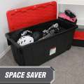 50 Gallon Snap Lid Wheeled Plastic Storage Tote, Black Base/Red Lid, Set of 2. 