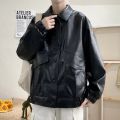 Jackets Men Pu Leather Retro Pockets Loose Korean Style Trendy Outwear Plus Size Cargo Tactical Daily Handsome All-match Clothes. 