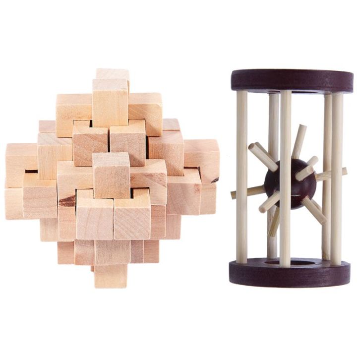 2pcs%20Wood%20Puzzle%20Brain%20Teaser%20Toy%20Games%20:1pcs%20Interlocking%20Puzzle%20&%201pcs%20Tetrakaidecahedron%20Lock%20Logic%20Puzzle%20Tik%20Tok%20-%20Image%202