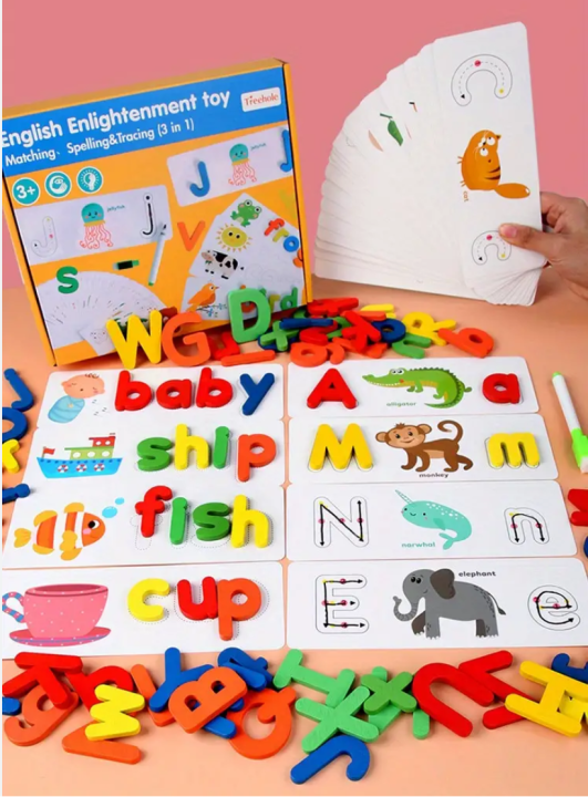 Spelling Game Toy, Matching Letter Games, Flash Cards Montessori Wooden Educational Toys Gifts For Preschool Kindergarten Kids Boys Girls 3 4 5 Years Old