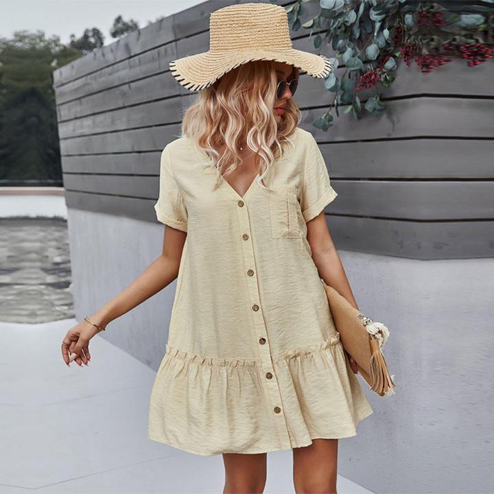 Spring New Solid Short Dress Women 2021 Casual V Neck Single