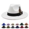White Woolen Gentleman Classic British Jazz Feather Top Hat Wide Brim Party Church Wedding Fedora Hats Men Women Panama Felt Cap. 
