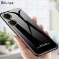 Biruiqu For VIVO Y03 / VIVO Y03t Shockproof Tempered Glass Back Soft Silicone Edge Black Case Cover Casing. 