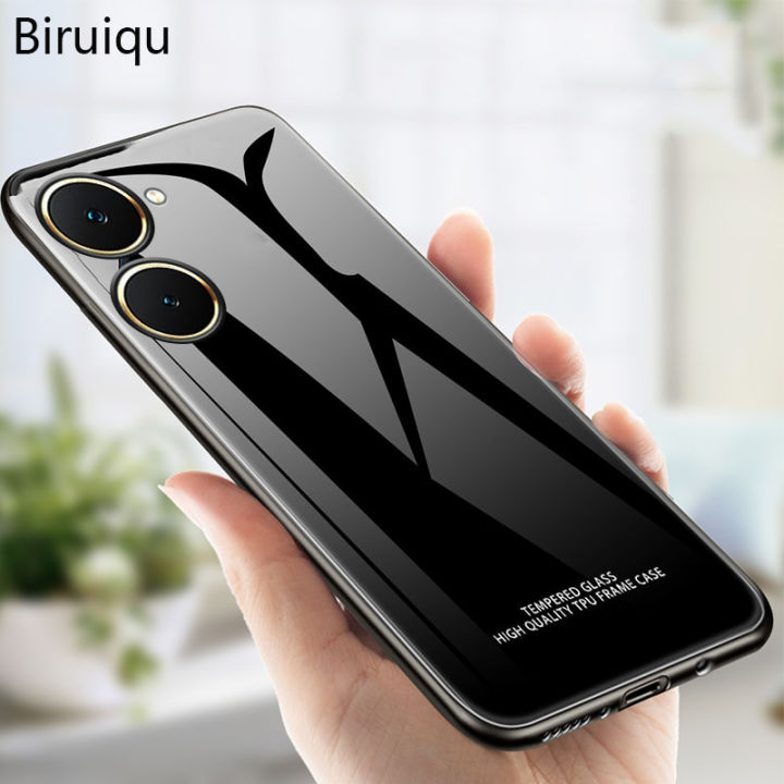 Biruiqu For VIVO Y03 / VIVO Y03t Shockproof Tempered Glass Back Soft Silicone Edge Black Case Cover Casing