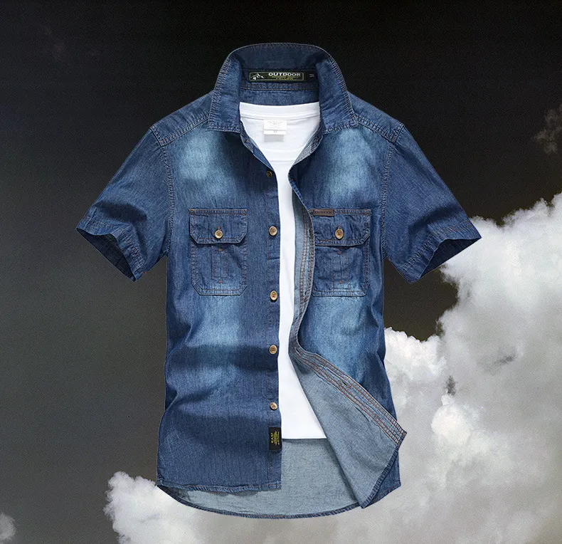 Summer Brand Denim Shirt Men Cotton Short Sleeve Turn-down Collar