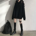Black hooded sweatshirt women's Harajuku style dark black new off-the-shoulder pullover top spring loose casual bf long sleeves. 