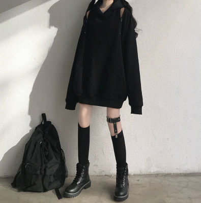 Black%20hooded%20sweatshirt%20women's%20Harajuku%20style%20dark%20black%20new%20off-the-shoulder%20pullover%20top%20spring%20loose%20casual%20bf%20long%20sleeves%20-%20Image%202